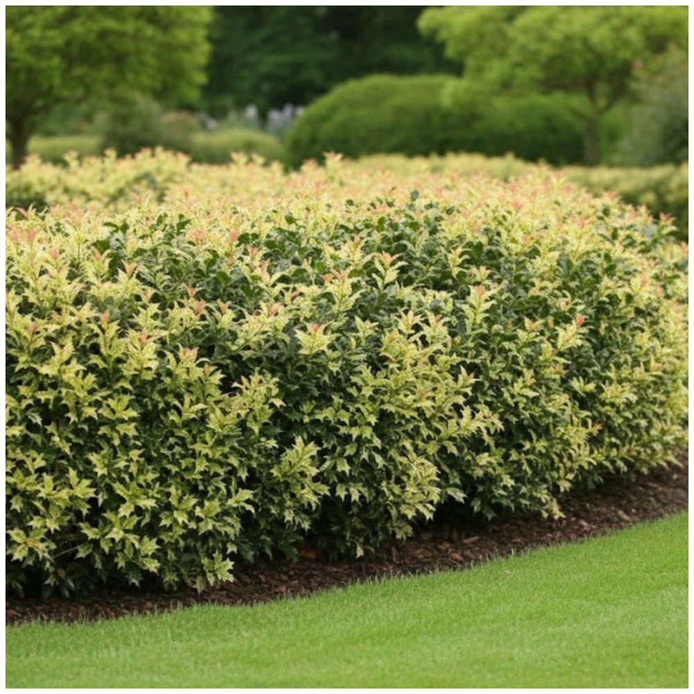 Tarka levelű álmagyal (Osmanthus heterophyllus ‘Tricolor Goshiki’), örökzöld díszcserje, háromszínű lombbal, intenzíven édes illatú virágokkal, könnyen gondozható