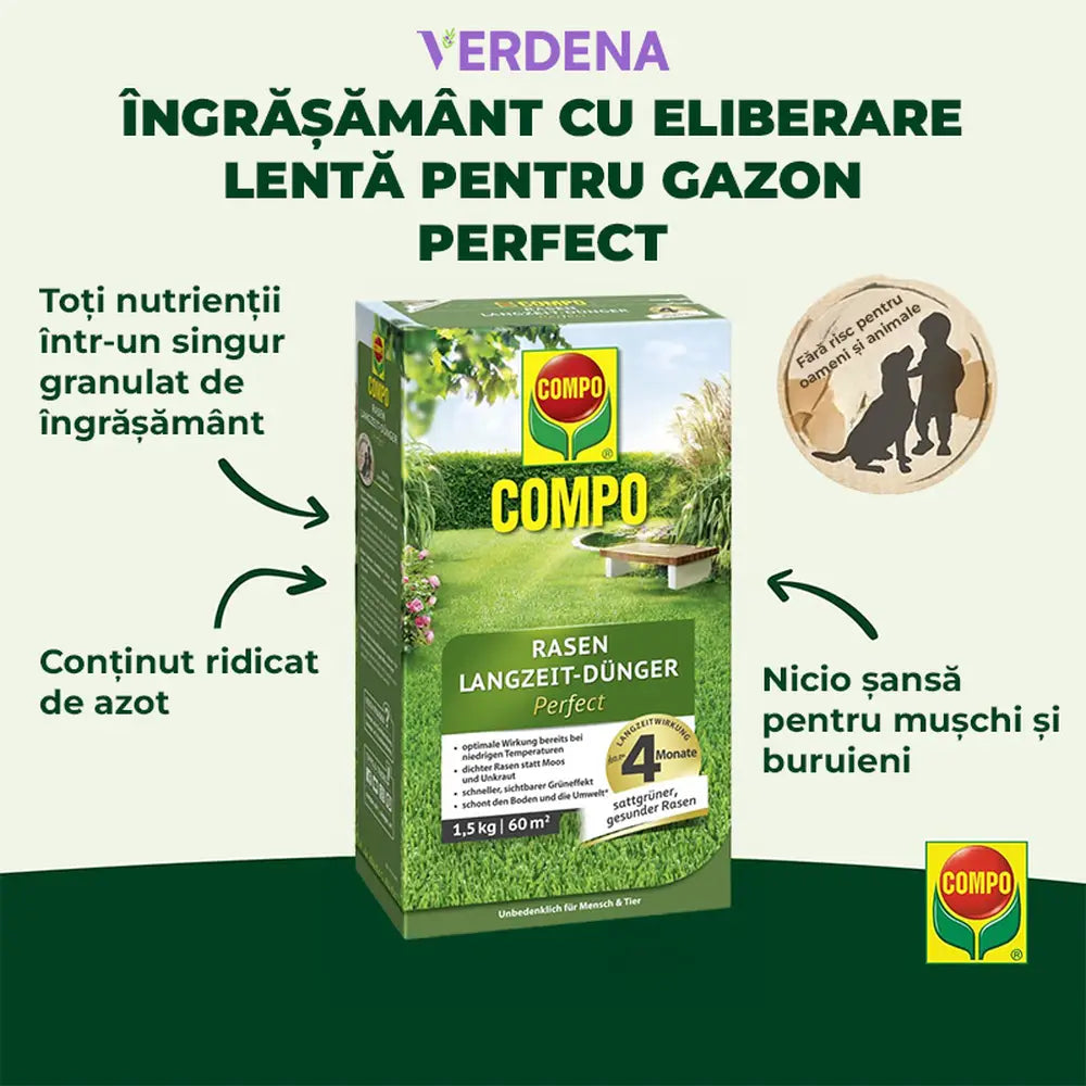 Ingrasamant gazon Compo, 1.5 kg pentru 60 mp, efect de lunga durată anti-muschi si buruieni