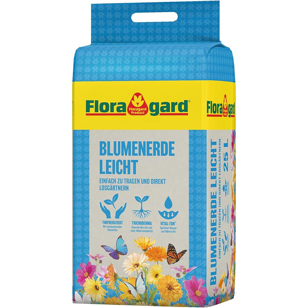 Pamant universal FLORAGARD pentru flori si plante de balcon, substrat usor cu fibre de lemn si argila, ambalaj compact, 25 L