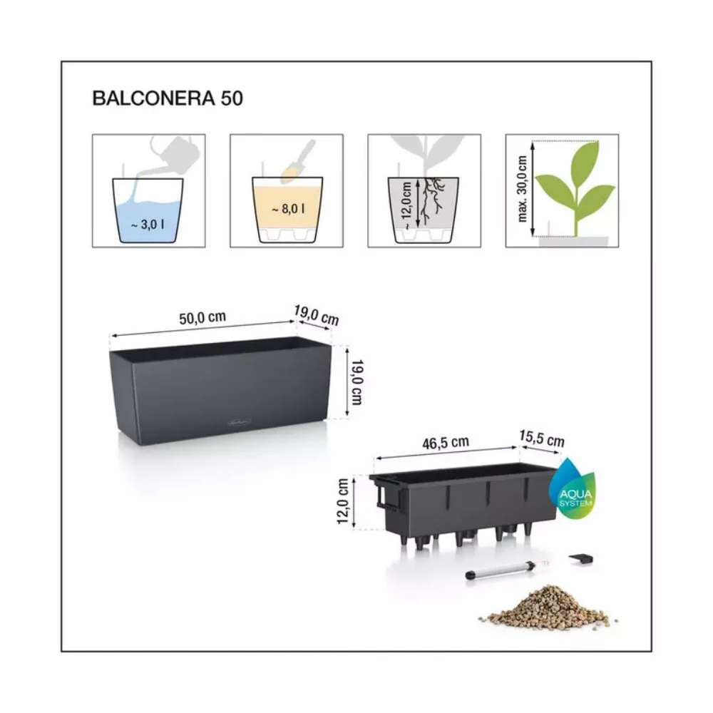 Lechuza Balconera Color 50 önöntöző balkonláda – 8 l, matt fekete