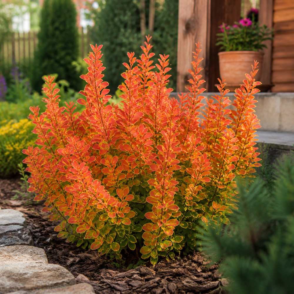 Japán borbolya Orange Ice (Berberis thunbergii) – narancsos–vörös lombú díszcserje, sövénynek vagy szoliter ültetésre ideális