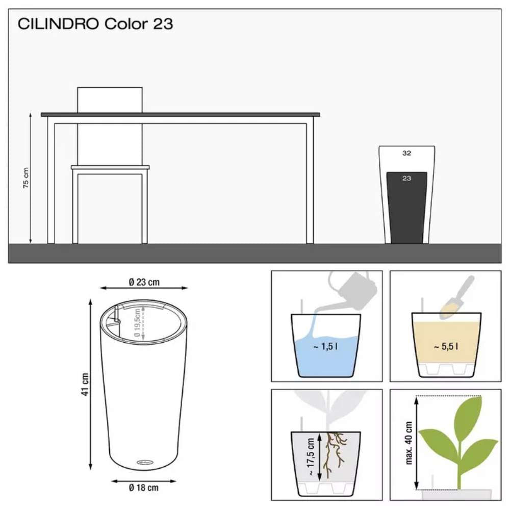 Lechuza Cilindro Color 23 önöntöző cserép – 5,5 l, matt fekete, beépített öntözőrendszerrel