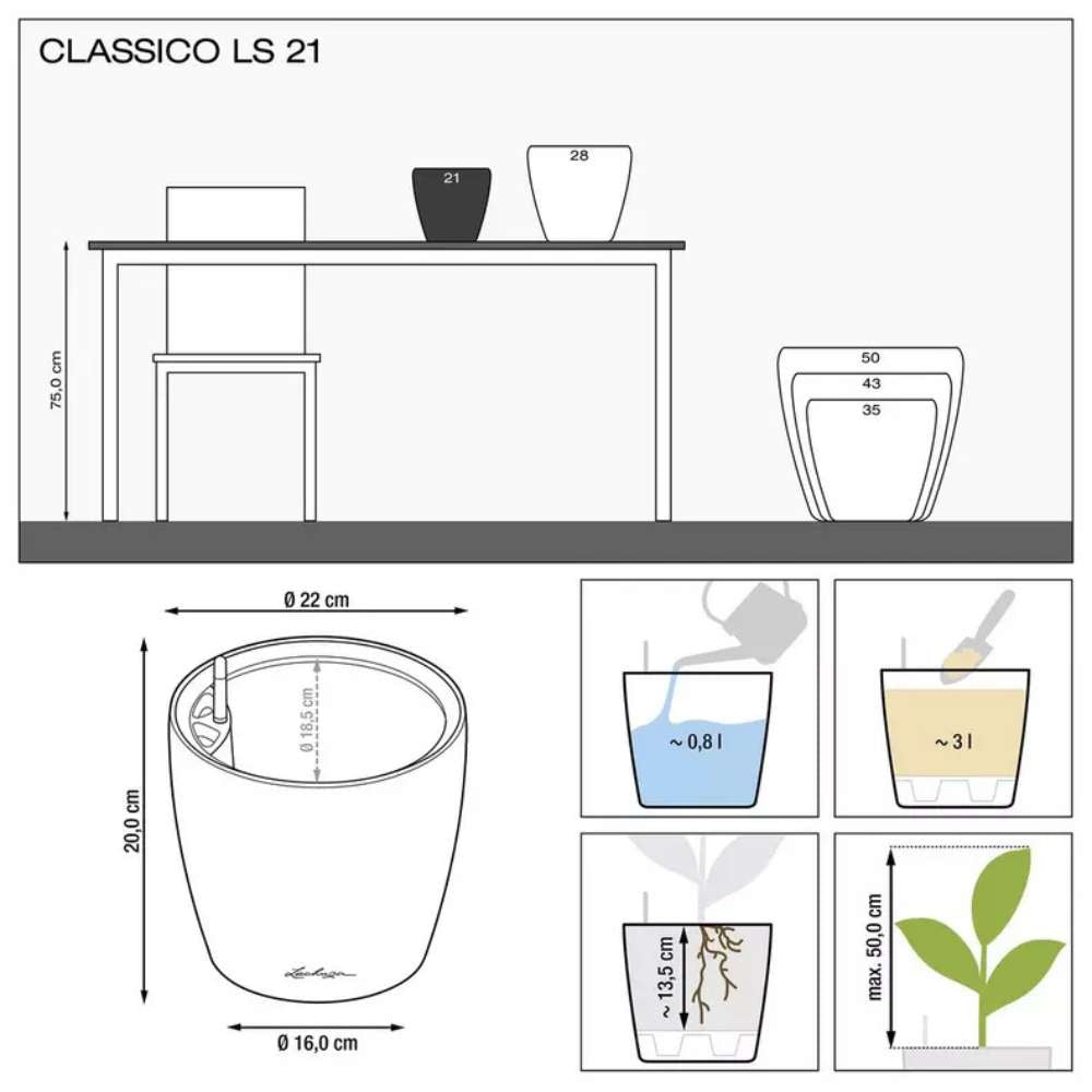 Lechuza Classico Premium LS önöntöző kaspó – fényes fehér, 3 l