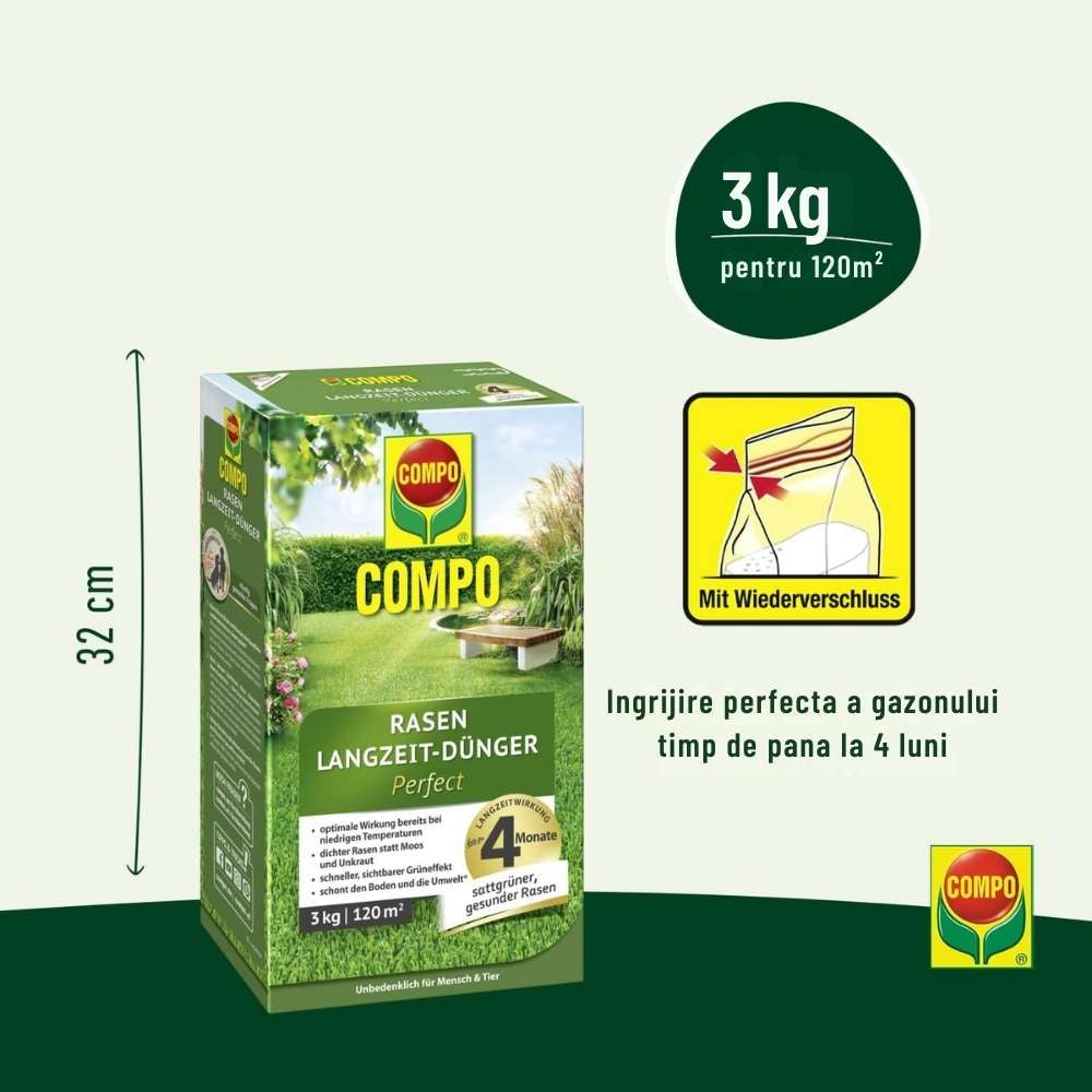 Ingrasamant gazon COMPO cu efect indelungat Perfect, NPK 22-3-10, 3 kg pentru 120 mp