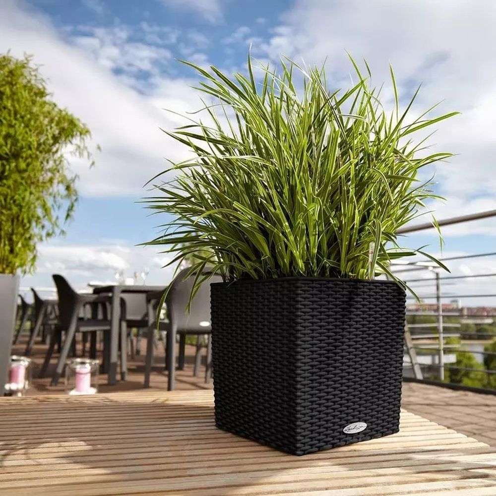 Lechuza Cube Cottage 30 önöntöző kaspó – 12 l, rattan hatású fekete dizájn