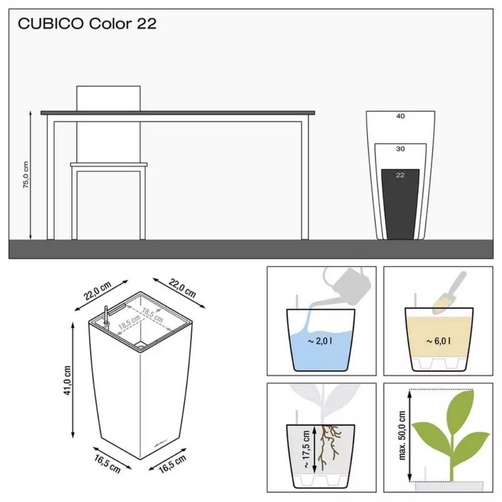 Lechuza CUBICO Color 22 önöntöző kaspó – 6 l, matt fekete, lecsepegtetővel