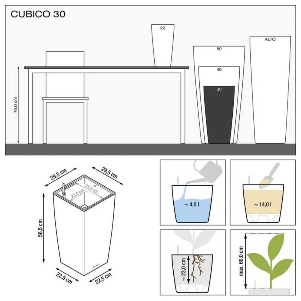 Lechuza CUBICO Premium 30 önöntöző kaspó – 14 l, fényes fehér, levehető betéttel