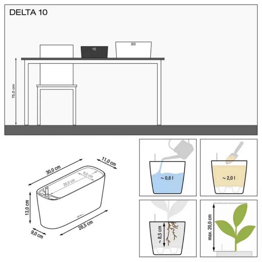 Ghiveci Auto-Irigant Lechuza Delta 10, 2 l, visiniu lucios, sistem de autoirigare, insert detasabil, strat de drenaj