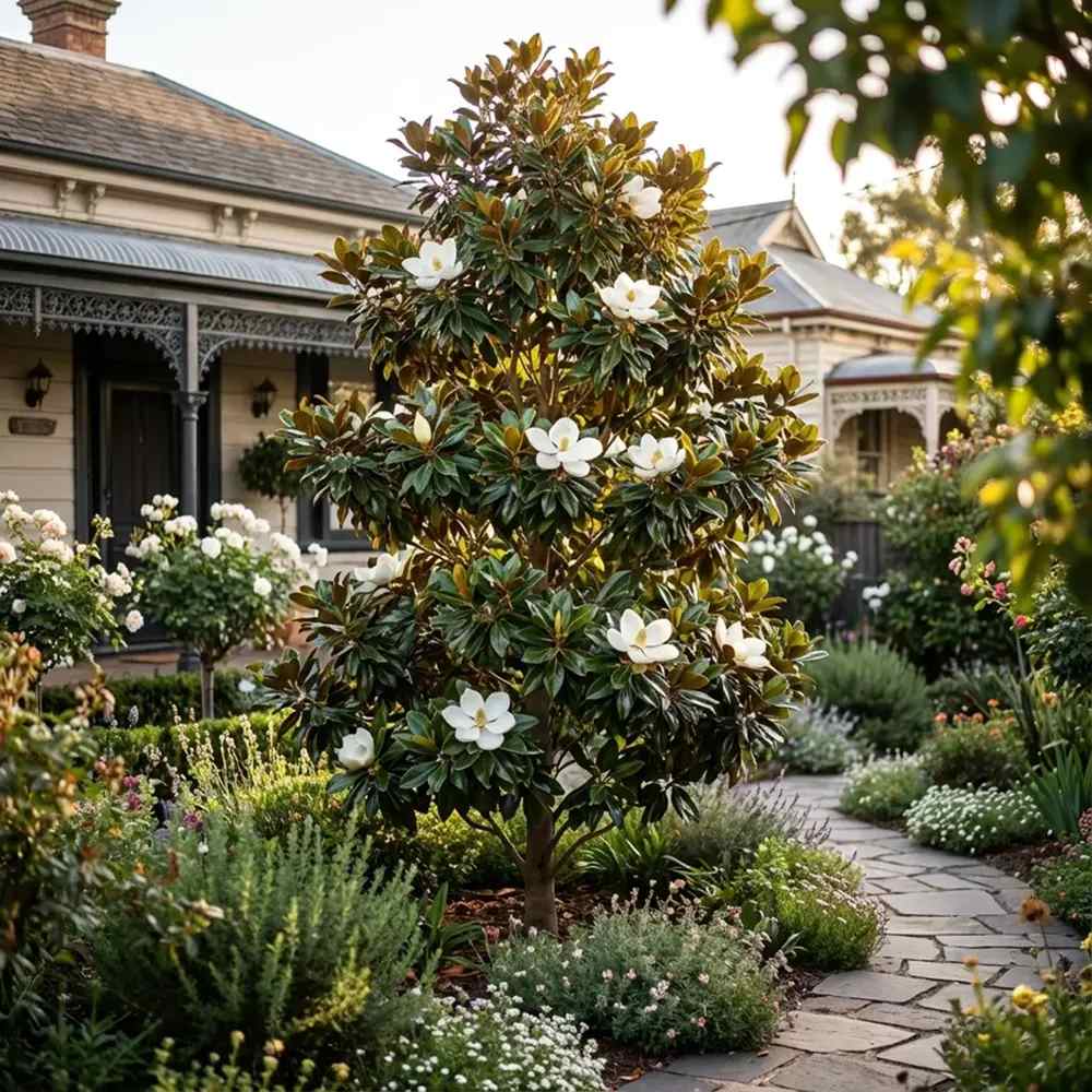 Örökzöld magnólia Little Gem (Magnolia grandiflora), illatos fehér virágok, kompakt növekedés, fényes lomb