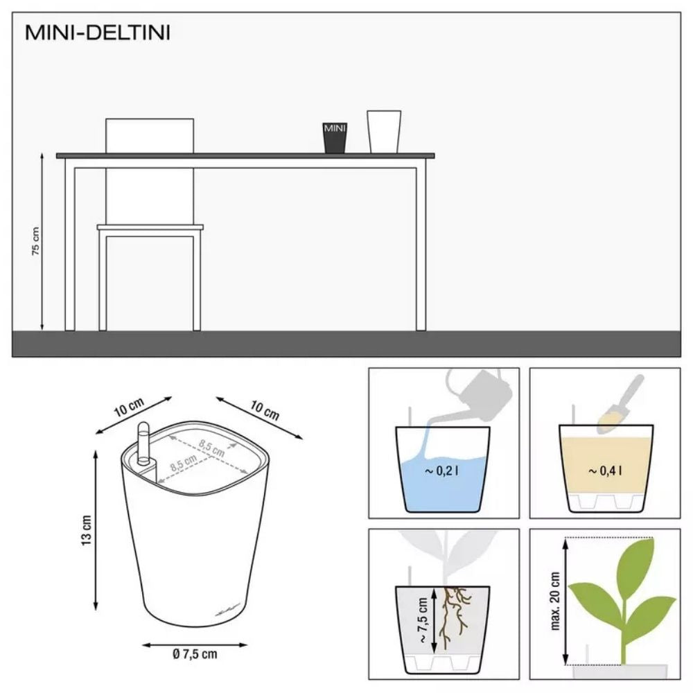 Ghiveci Auto-Irigant Lechuza Mini Deltini 0,4 l, visiniu lucios, sistem de autoirigare, insert detasabil, strat de drenaj