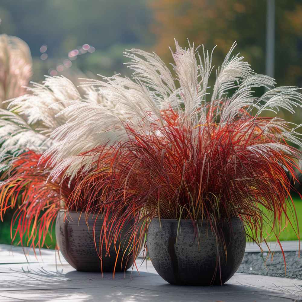 Iarba Elefantului (Miscanthus Sinensis) Dronning Ingrid, iarba ornamentala cu spice albe si frunzis rosiatic toamna, crestere rapida
