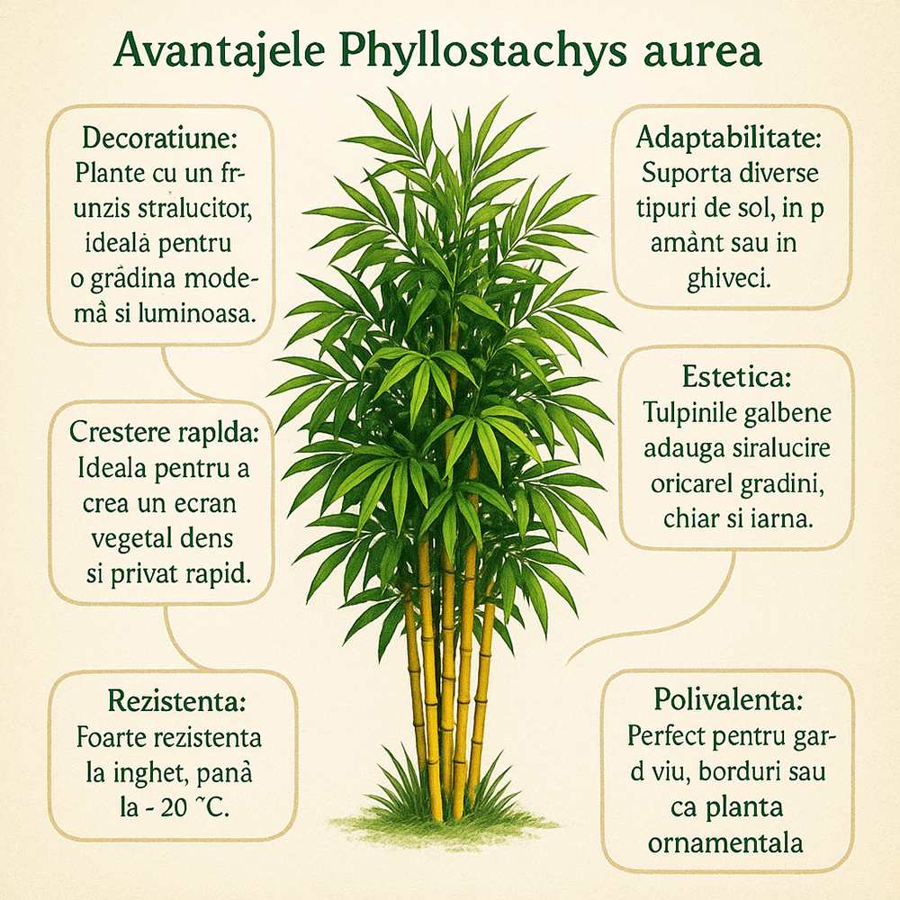 Bambus de Gradina Auriu (Phyllostachys Aurea), tulpini galbene, rezistent la frig, gard viu dens, crestere rapida