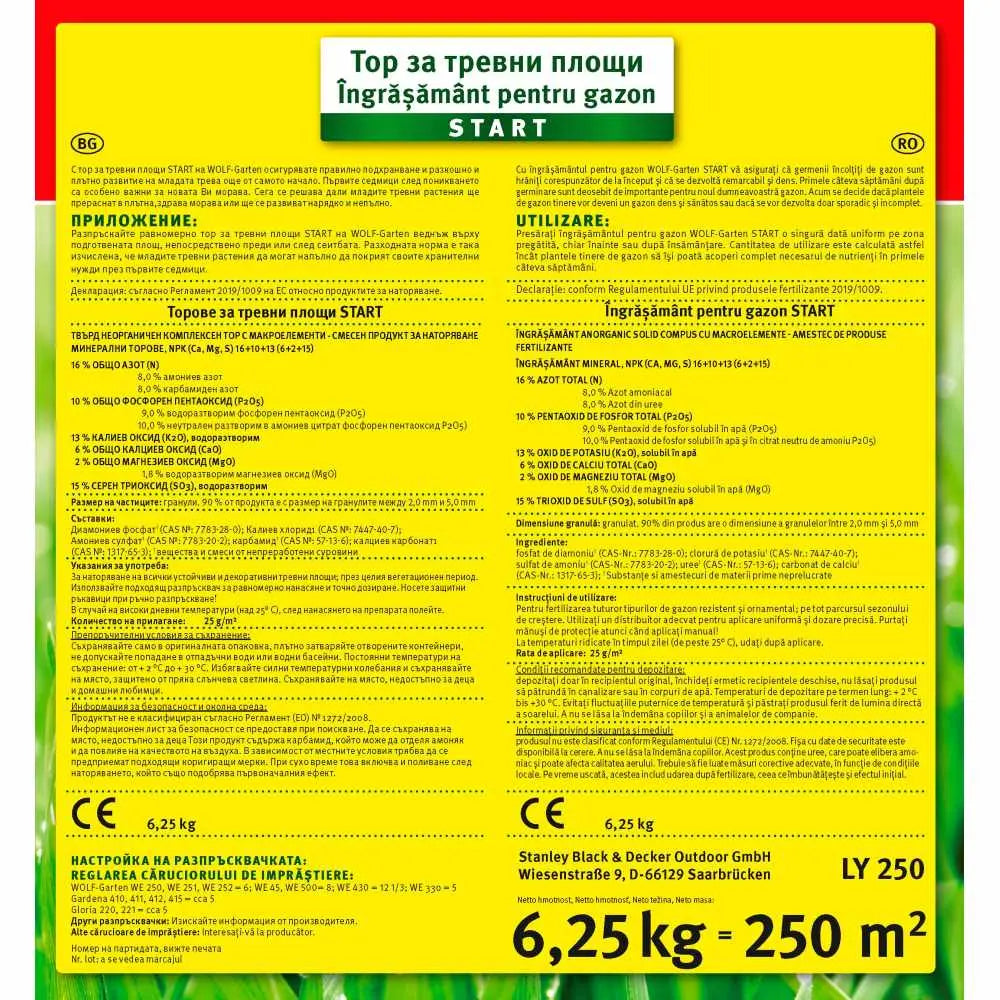 Gyepindító műtrágya Wolf Garten Starter, 6,25 kg – 250 m² területre