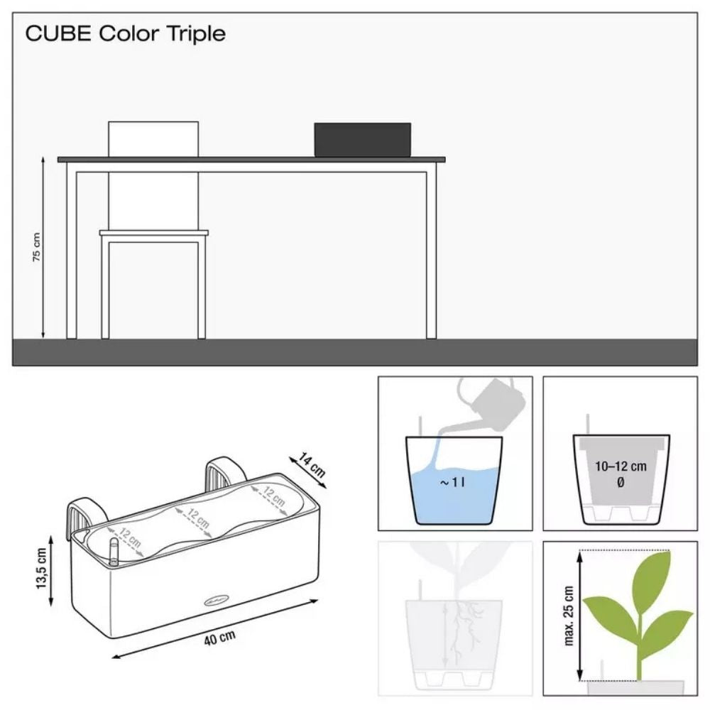 Lechuza Cube Color Triple önöntöző virágtartó – fekete rattan hatású, 3 cseréphez