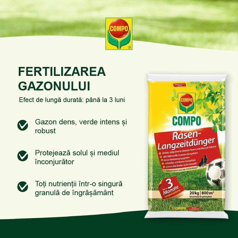 Ingrasamant Organic pentru Gazon impotriva Buruienilor si a Muschiului, 15 kg pentru 540 m², Efect de Lunga Durata, COMPO