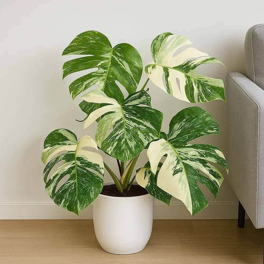 Monstera Deliciosa Thai Constellation, 60 cm, cadou planta de interior rara, variegatie alba marmurata, frunze mari decupate, planta tropicala purificatoare de aer