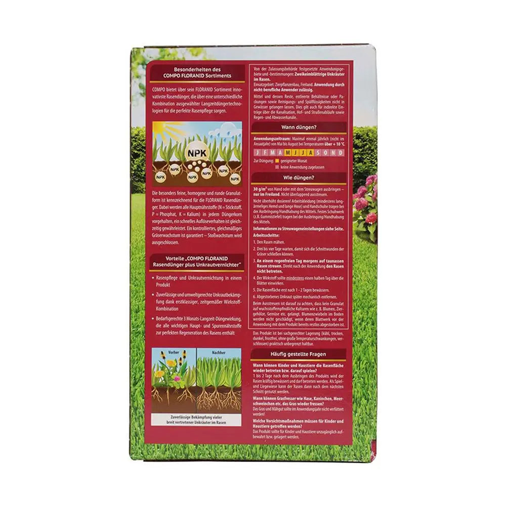 Ingrasamant gazon Compo Floranid, 1.5 kg pentru 50 mp, cu erbicid 2 in 1 efect imediat si de lunga durata