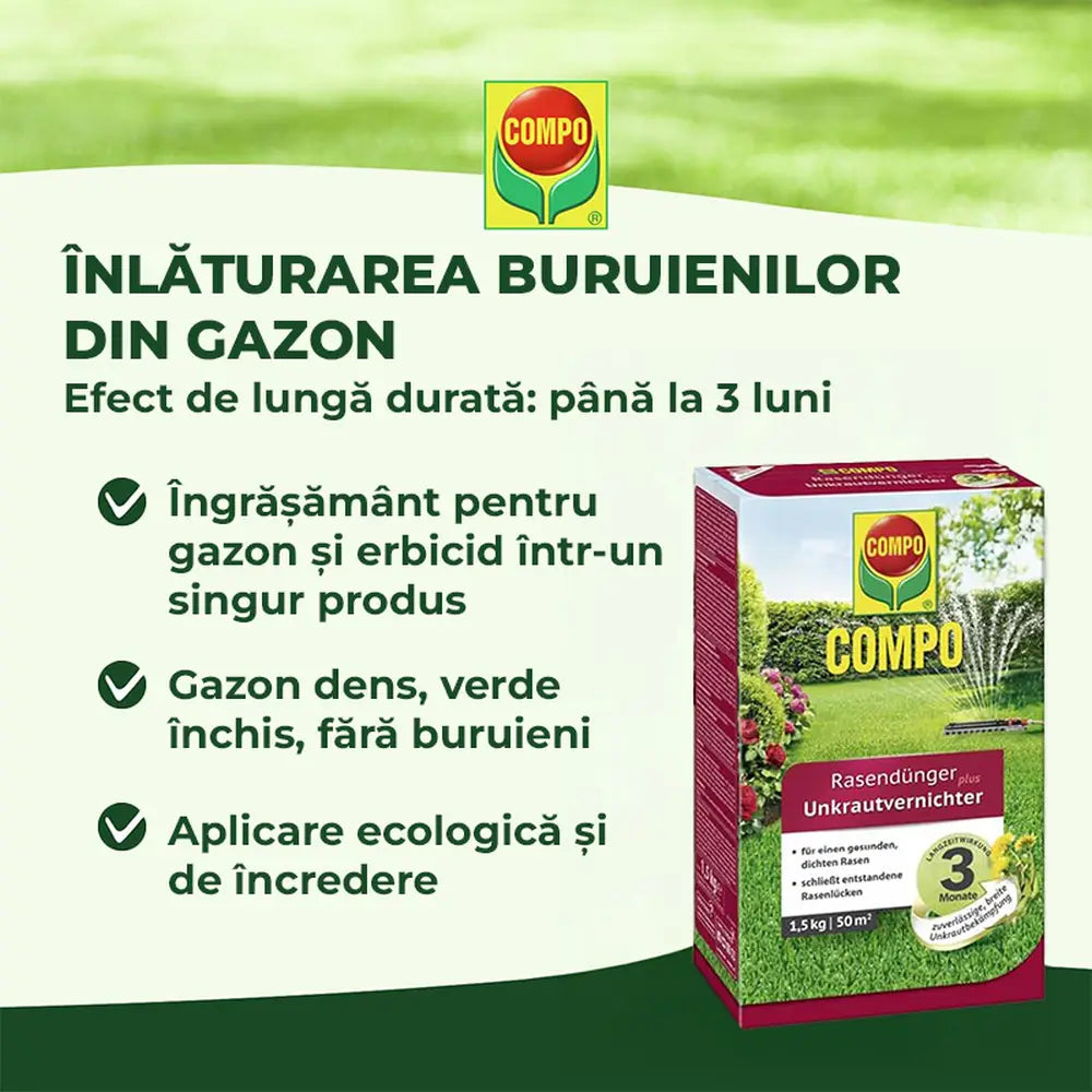 Ingrasamant gazon Compo Floranid, 6 kg pentru 200 mp, cu erbicid 2 in 1 efect imediat si de lunga durata