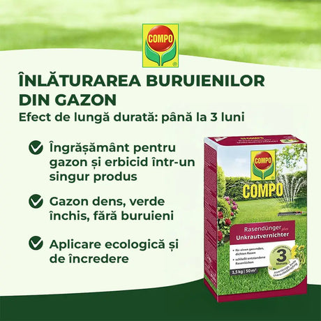 Ingrasamant gazon Compo Floranid, 6 kg pentru 200 mp, cu erbicid 2 in 1 efect imediat si de lunga durata