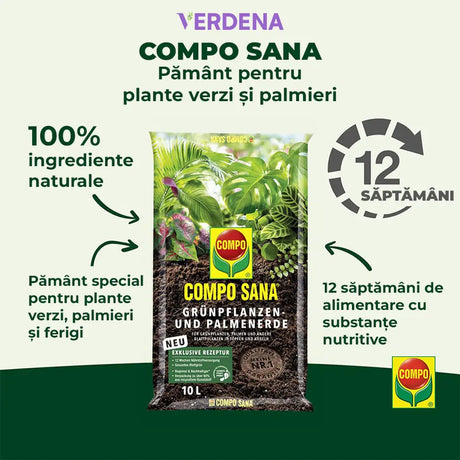 Pamant Compo Sana pentru plante verzi si palmieri 10 litri cu fertilizare 12 saptamani