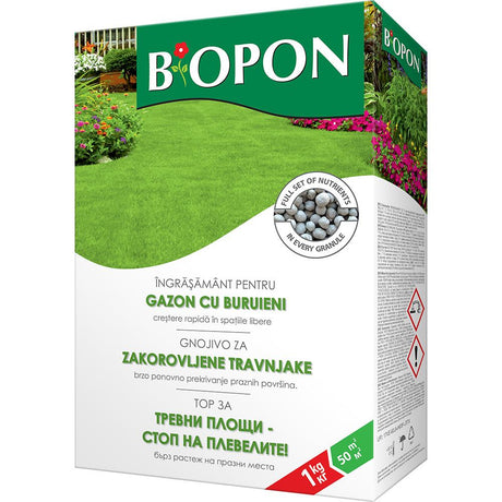 Ingrasamant granulat BIOPON 1 kg, pentru gazon cu control buruieni, gazon des si sanatos