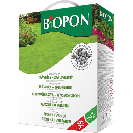 Ingrasamant granulat BIOPON 3 kg, pentru gazon cu control buruieni, gazon des si sanatos