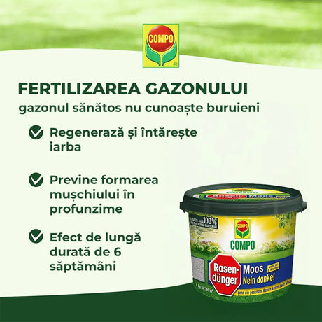 Ingrasamant gazon Compo, 4 kg pentru 160 mp, anti-muschi granule fine, efect 6 saptamani