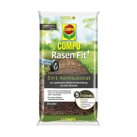 Substrat regenerare gazon COMPO Rasen Fit+ 5 in 1, 20 L pentru 10 mp, sol imbunatatit si germinare accelerata dupa scarificare sau aerare