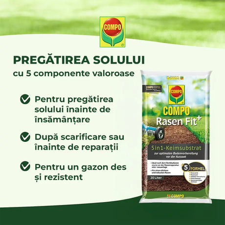 Substrat regenerare gazon COMPO Rasen Fit+ 5 in 1, 20 L pentru 10 mp, sol imbunatatit si germinare accelerata dupa scarificare sau aerare