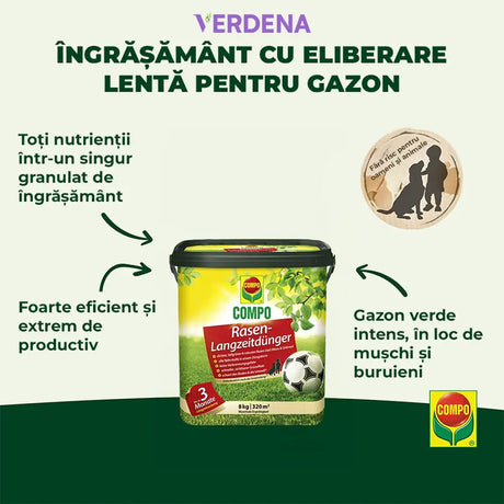Ingrasamant gazon Compo, 8 kg pentru 320 mp, efect de 3 luni, granule fine