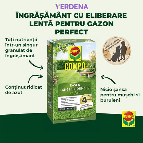 Ingrasamant gazon Compo, 1.5 kg pentru 60 mp, efect de lunga durată anti-muschi si buruieni