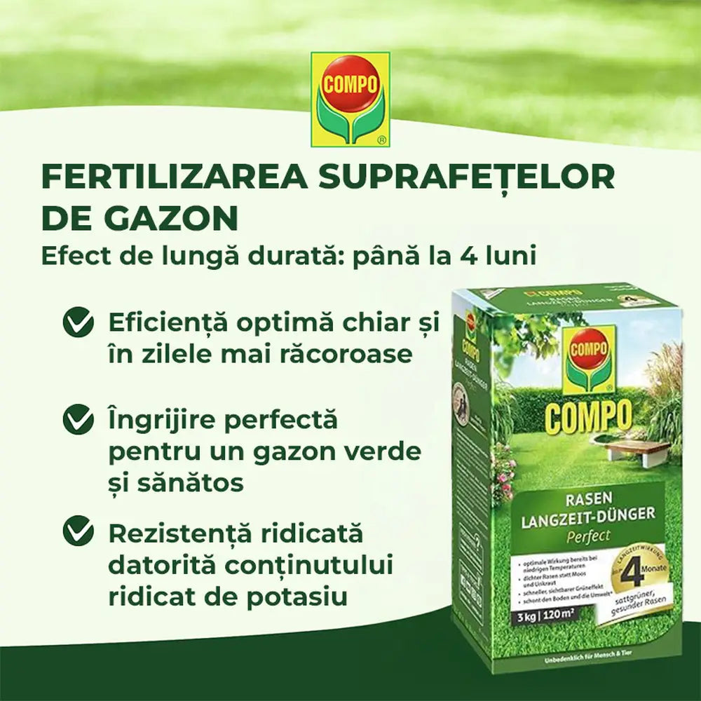 Ingrasamant gazon Compo, 1.5 kg pentru 60 mp, efect de lunga durată anti-muschi si buruieni