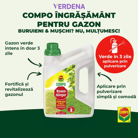 Ingrasamant lichid COMPO 2.5 l, impotriva buruienilor si muschiului, efect rapid pentru gazon verde si sanatos