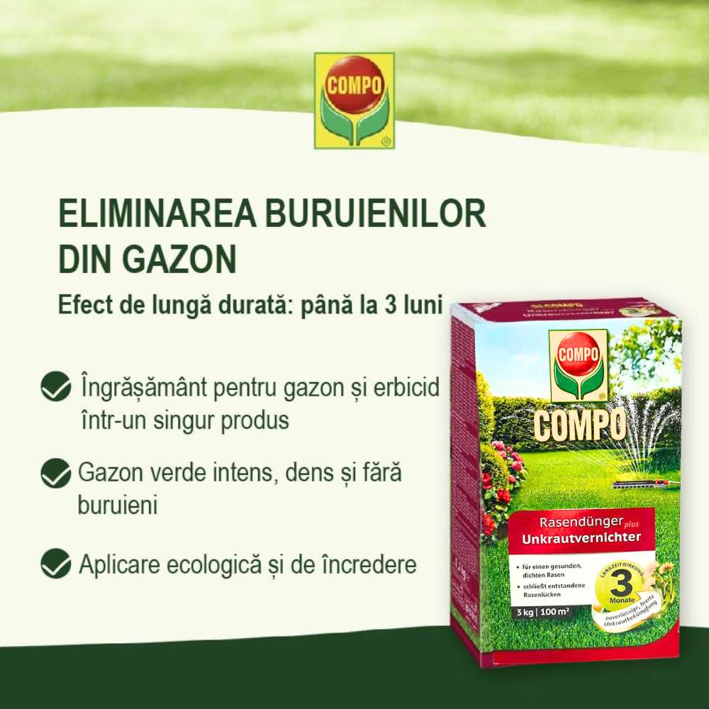 Compo gyeptrágya gyomirtóval – 3 kg, 3 hónapos hatás