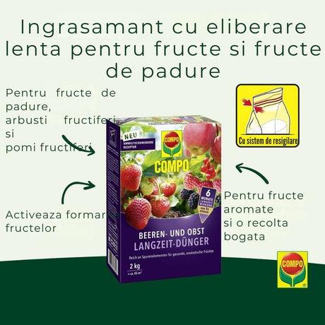 Ingrasamant granulat COMPO pentru fructe de padure si pomi fructiferi, efect de lunga durata 6 luni, 2 kg