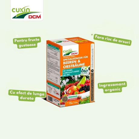 Ingrasamant organic pentru fructe de padure si pomi fructiferi CUXIN DCM, tehnologie MINIGRAN, fertilizant cu eliberare lentă - 1.5 kg, pentru 100 mp