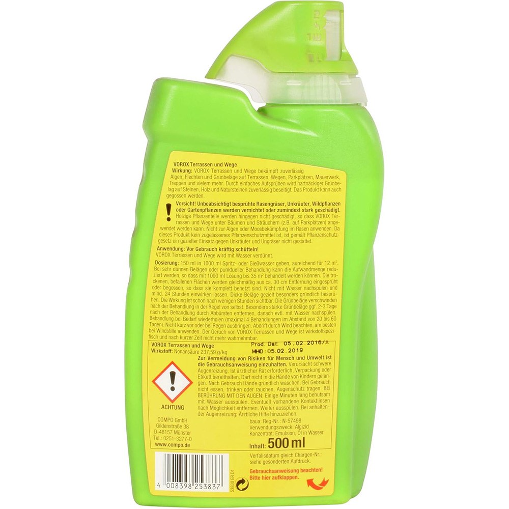 Spray curatare mucegai algelor si licheni COMPO Vorox Terrase si Cai, 500 ml, utilizare direct din recipient, eficient pentru terase si alei
