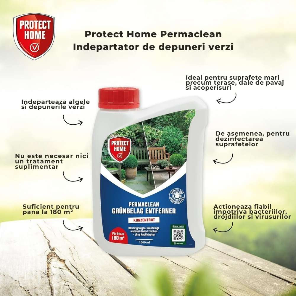 Solutie curatare PROTECT HOME Permaclean Green Growth Remover, indepartare alge si depuneri verzi, 1 l, pentru 180 mp