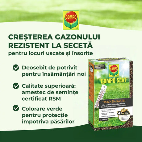 Compo seminte gazon rezistent la seceta si caldura 1 kg pentru 40 mp, amestec profesional pentru zone insorite si uscate