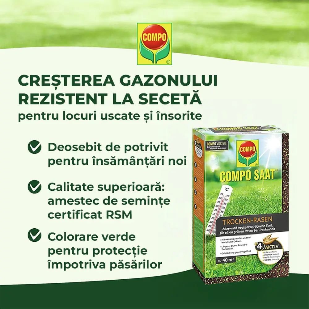 Compo seminte gazon rezistent la seceta si caldura 2 kg pentru 80 mp, amestec profesional pentru zone insorite si uscate