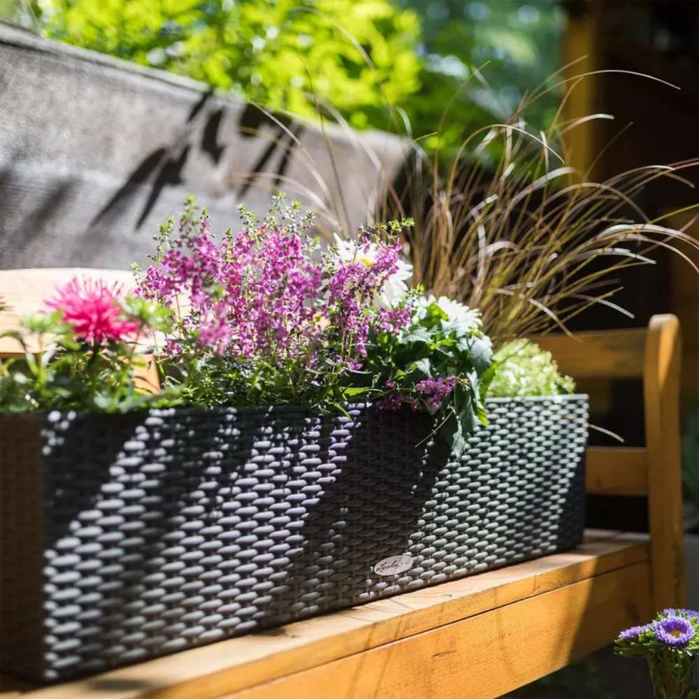 Lechuza Balconera Cottage 80 önöntöző balkonláda – rattan hatású, 12 l, gránit