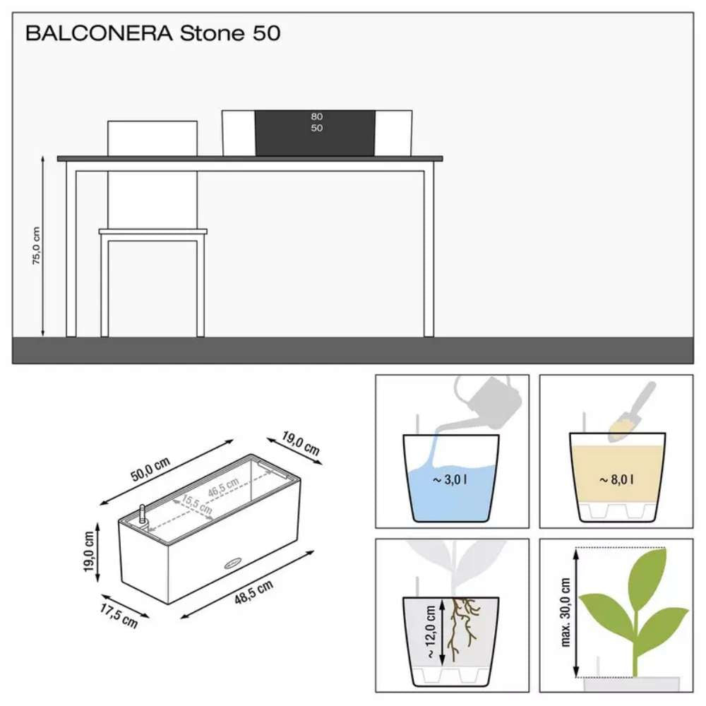 Lechuza Balconera Stone 50 önöntöző balkonláda – fekete kőhatású, 8 l
