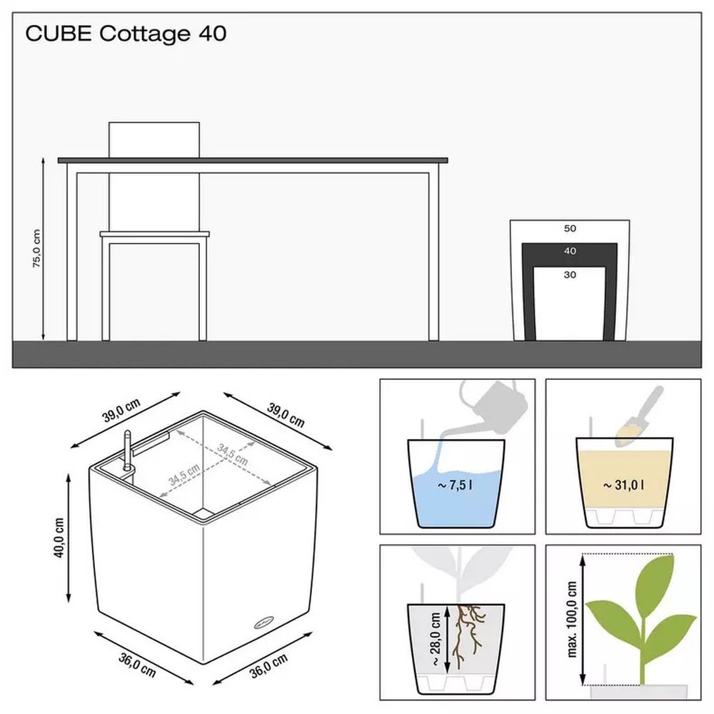 Lechuza CUBE Cottage 40 öntözőrendszeres kaspó – 31 l, világosszürke rattan hatású