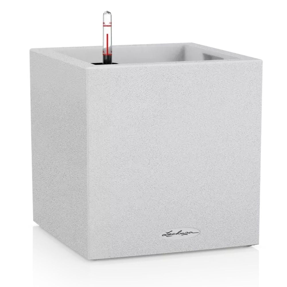 Lechuza CANTO Stone Low 30 önöntöző kaspó – 12 l, kőhatású fehér design