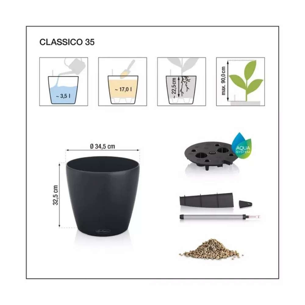 Lechuza CLASSICO Color 35 önöntöző cserép – 17 l, matt fekete