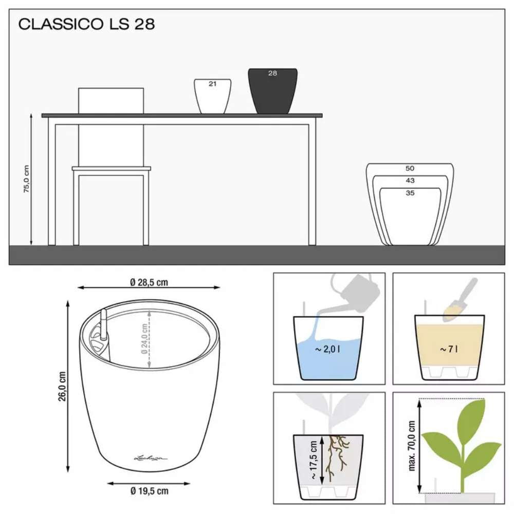 Lechuza CLASSICO Premium LS önöntöző cserép 28 – elegáns, fényes fehér dizájn
