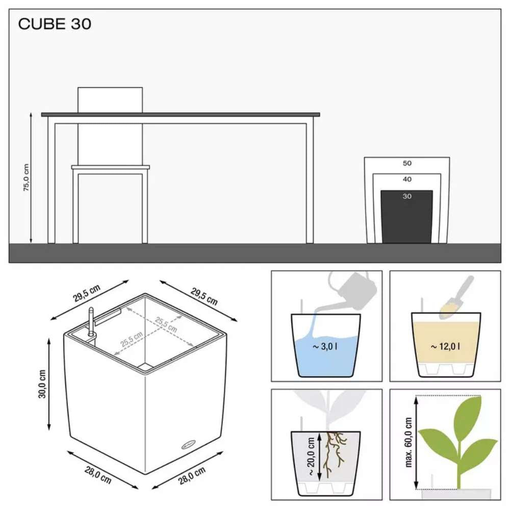 Lechuza Cube Premium 30 önöntöző kaspó – 12 l, fényes bézs, levehető belső betéttel