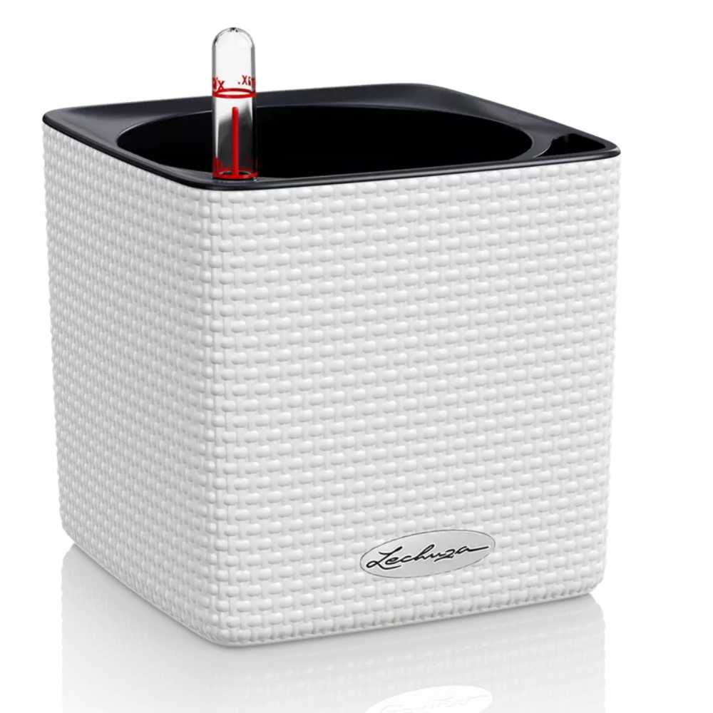 Lechuza Cube Color 14 öntözős kaspó – elegáns rattanhatású fehér design