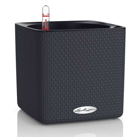 Lechuza CUBE Color 16 öntözős kaspó – elegáns rattanhatású fekete dizájn