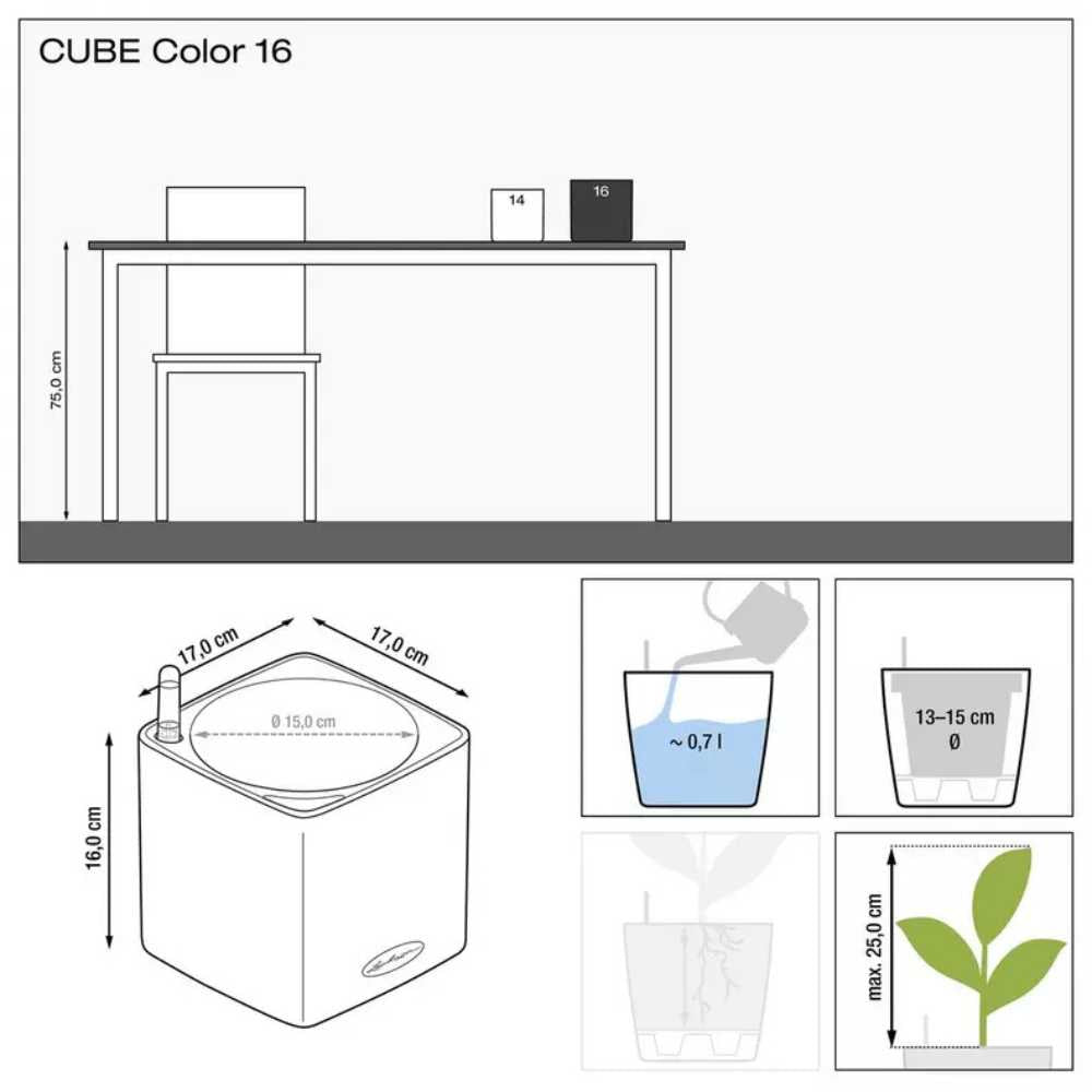 Lechuza CUBE Color 16 öntözős kaspó – elegáns rattanhatású fekete dizájn